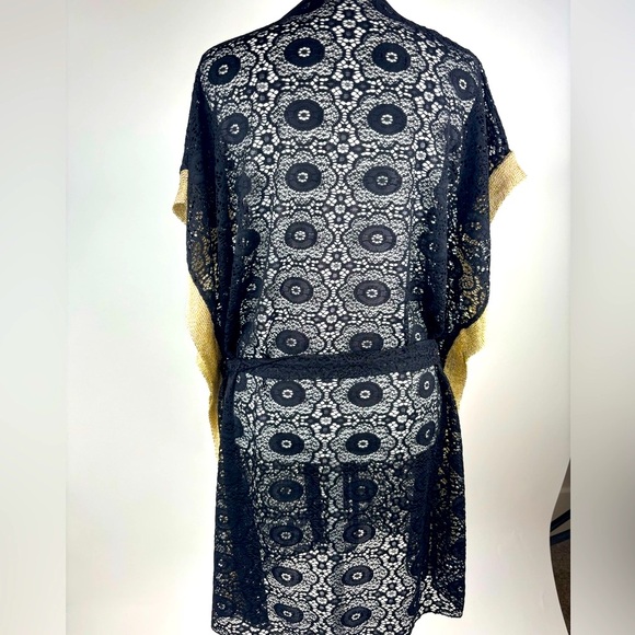 NWOT Black and Gold Kaftan Floral Crochet Swim Coverup with Belted Waist - Picture 9 of 10